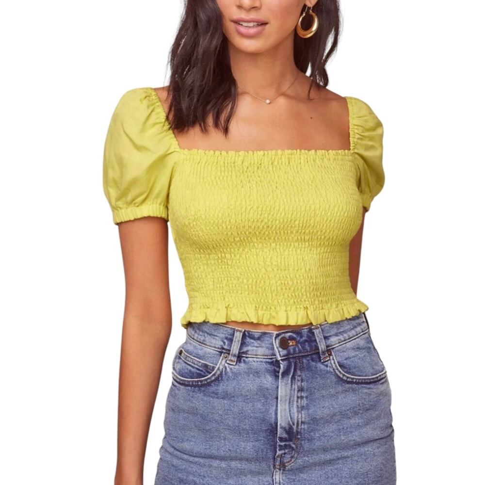 Astr The Label Mason Short Puff Sleeve Smocked Yellow Crop Top in Lemon MEDIUM